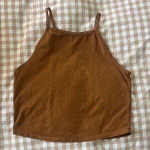 Brown High-Neck Faux Suede Spaghetti Strap Women's Tank Top